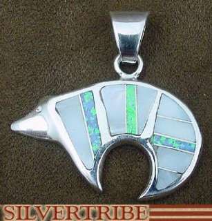 Mother Of Pearl & Created Opal Silver Bear Pendant WOW  
