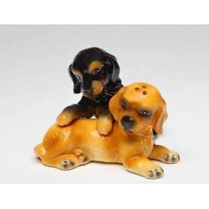 Pair of Black and Brown Cocker Spaniel Puppies Salt & Pepper Figurines