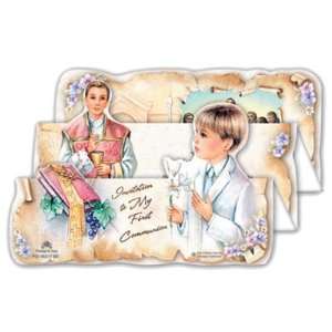  8 First Communion Boy Invitations Quad Fold, Pre Packaged 