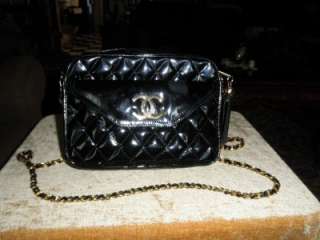 Vintage Coco Chanel Black Quilted Patent Leather Bag  