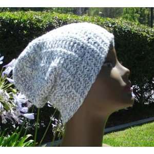  Hand Crocheted Slouchy Beanie Hat Cap Crochet Gray & White 