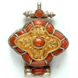    Tibetan Gau Box Pendant with Coral   Sterling Silver Jewelry