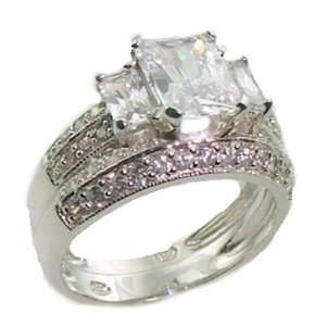    Antique Style Emerald Cut 3 Stone Wedding Ring Set (9) Jewelry