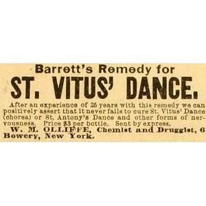  1892 Ad W. M. Olliffee Druggist Barrett Remedy Vitus 