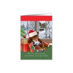  Christmas, Grandparents, Sleeping Cat, Teddy Bear Card 