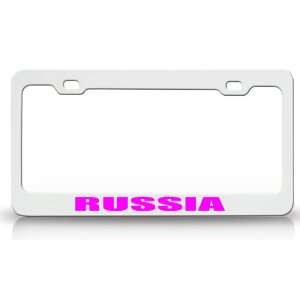RUSSIA Country Steel Auto License Plate Frame Tag Holder White/Pink