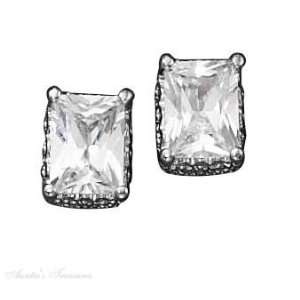   Silver Princess Cut Cubic Zirconia Stud Earrings Basket Setti Jewelry