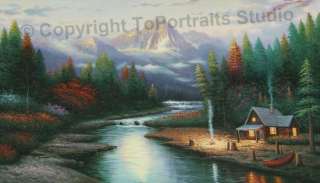 Cabin Near Lake Mountain   Original Canvas Oil Painting  