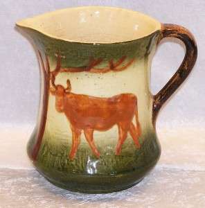 Rare Early Roseville Art Pottery Stoneware Brown Grazing Cow Pitcher 