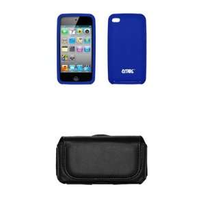 Ipod Touch 4 Premium Blue Silicone Gel Skin Cover Case + Leather Case 