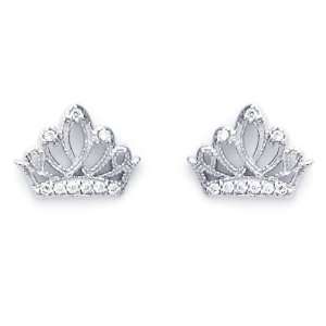  14K White Gold Plated Sterling Silver Crown CZ Stud Screw 