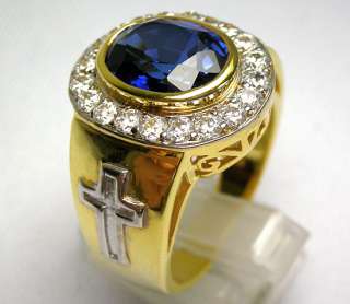 SAPPHIRE 14K YELLOW GOLD SILVER CHRISTIAN BISHOP RING  