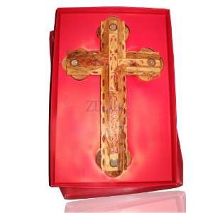   Wood Cross With Many Carvings And Holy Land Items 