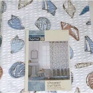  Seersucker Sea Shells Blue & Tan Fabric Shower Curtain 