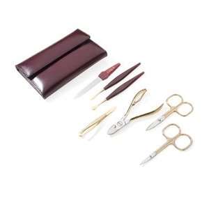 24K Gold plated Manicure Set in Maroon Leather Case. Made by Niegeloh 