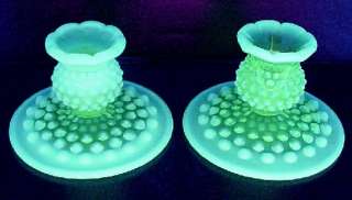 Fenton Topaz Yellow Hobnail Opalescent Vaseline Candle Holders 