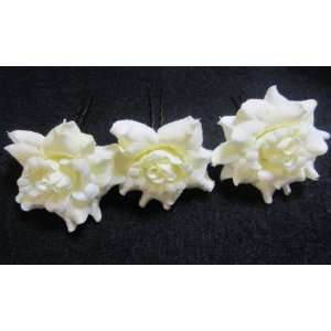  Small Ivory White Roses Hair Pins SET of 3 Beauty