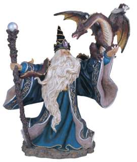 Blue Robe Wizard W Dragon Figurine Statue Décor Gift  