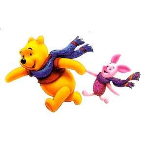 Pooh Bear holding Piglets hand and running with winter scarf scarves 
