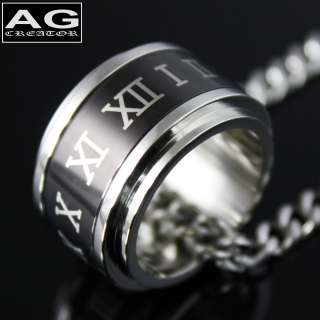BLACK ROMAN NUMERAL ROLLER RING PENDANT CHAIN NECKLACE  