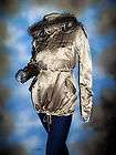 NEW $398 LA ROK LUXE gold silk cotton raccoon fur hooded jacket coat 