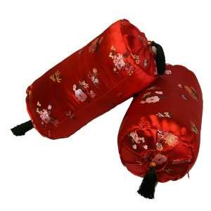  Red Asian Inspired Bolster Pillow with 4 Season Flower 