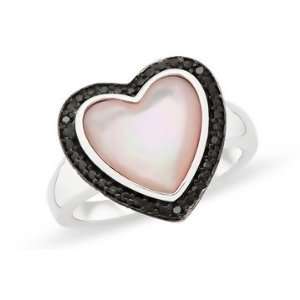  PInk Mother Of Pearl & Black Diamond Sterling Silver Heart 