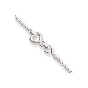 14k White Gold Open Hearts Rolo Chain Anklet   10 Inch   Lobster Claw 