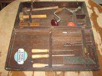 antique Stanley wood Tool Box with woodworking hand plane drill Tools 
