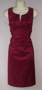   Wine Red Ruched Beaded Stretch Taffeta Holiday Cocktail Dress 6  