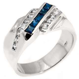 MENS 14KT WHITE GOLD BLUE SAPPHIRE DIAMOND RING WEDDING BAND PRINCESS 