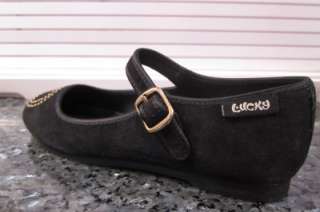 LUCKY BRAND Womens Black Leather Flat Designer Suede 6.5M  
