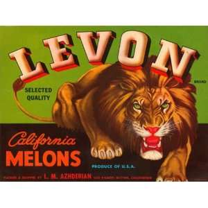 LEVON CALIFORNIA MELONS USA LION FRUIT CRATE LABEL PRINT 