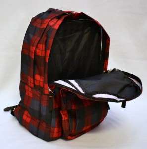   Big Student Backpack Bag Red Plaid School Rucksack Mochila Black