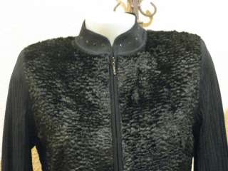 New Black MING WANG Fine Gauge Knit W/Faux Persian Lamb Jacket XS & S 