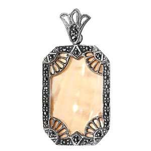   Silver & Yellow Mother of Pearl Fan Corners Marcasite Pendant Jewelry