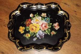 VINTAGE VIBRANT HAND PAINTED FLORAL METAL TOLE WARE TRAY  