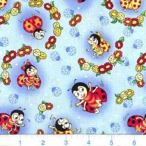  45 Wide Love Bug Flying Ladybugs Sky Blue Fabric By The 