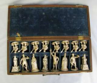 Antique Elaborate J.Le Mon Metal Figural Chess Set 2 Kingdoms fighting 