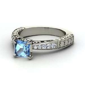  Megan Ring, Princess Blue Topaz 18K White Gold Ring with 