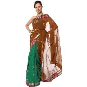 Sepia and Green Designer Patli Sari with Sequins Embroidered as 