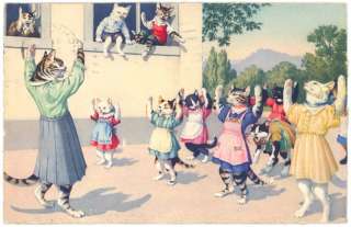 1952 ALFRED MAINZER COLORFUL DRESSED CATS POSTCARD  
