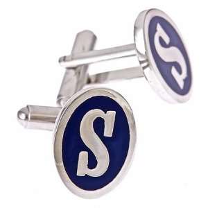 Silver plated and blue enamel initial S cufflinks with presentation 