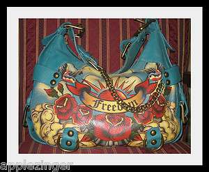 Authentic Isabella Fiore Large Bag Handbag Blue Leather Freedom Tattoo 