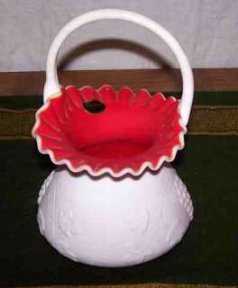 White & Red Art Glass Basket * KANAWHA Fenton ruffle  
