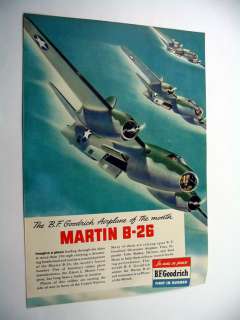 BF Goodrich Martin B 26 Bomber airplane art 1943 Ad  