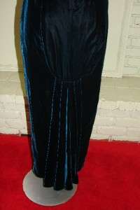 VTG 80s Blue Velvet Dress Long lace trim S Steampunk 34 bust Waterfall 