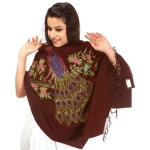 Dark Brown Stole with Kantha Embroidered Peacock with Sequins   Poly 
