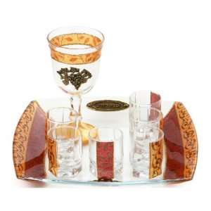  Glass Kiddush Cup Set with Seven Cups, Tray and Geometric 