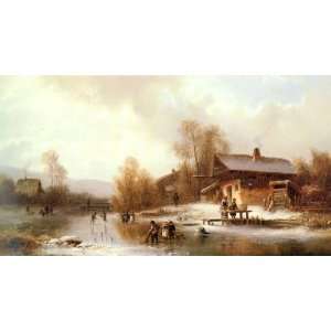   painting name Skaters and Washerwomen in a Frozen Landscape, By Doll